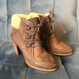 UGG Analise Brown Suede Sheepskin Ankle Boots U.S. Size 5 Lace Up Block Heels